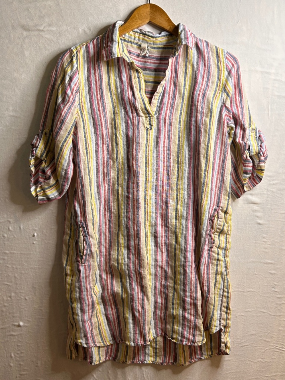 Elan Shirt Dress Womens S V-Neck Striped 100% Linen Pockets Preppy Beach Resort